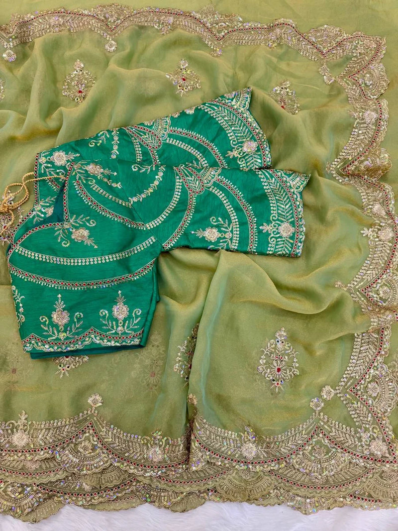 Sage Green Moss Chiffon Embroidered Saree