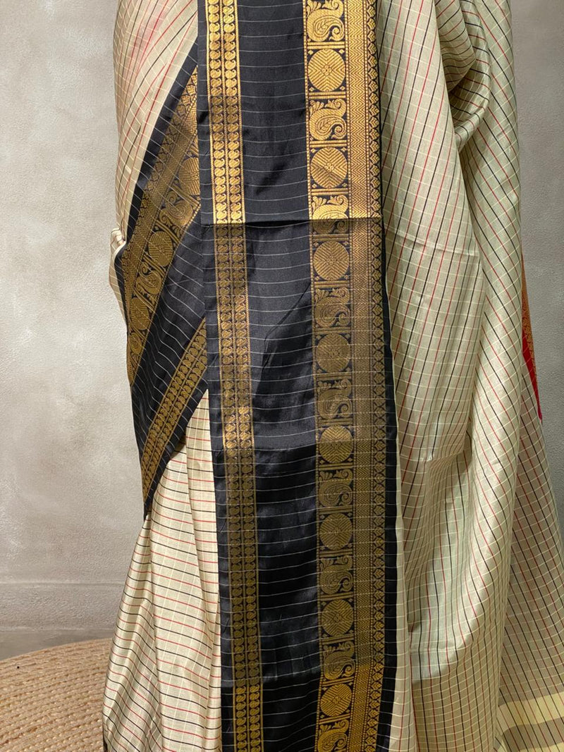 Crimson Semi Kanchipuram Silk Saree with Regal Zari Borders