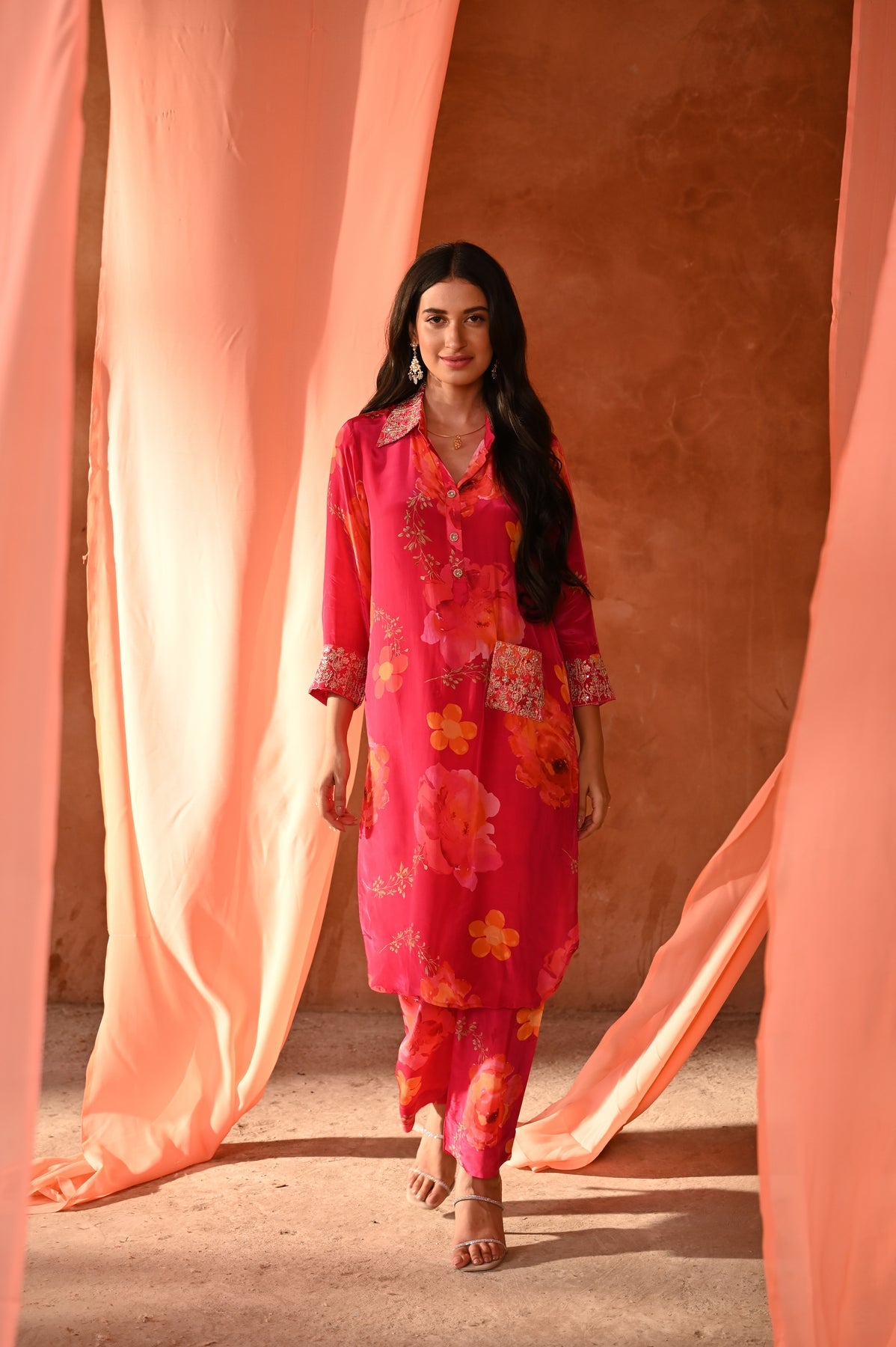 Pink Bold Floral Crepe Coordinated Kurta Set with Gota Work