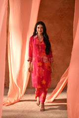 Pink Bold Floral Crepe Coordinated Kurta Set with Gota Work