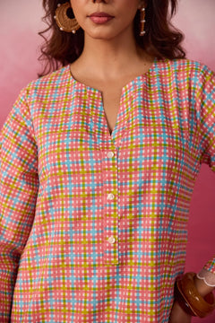 PINK CHECKS & FLORAL PRINTED FARSI SALWAR PRINTED CO-ORD SET