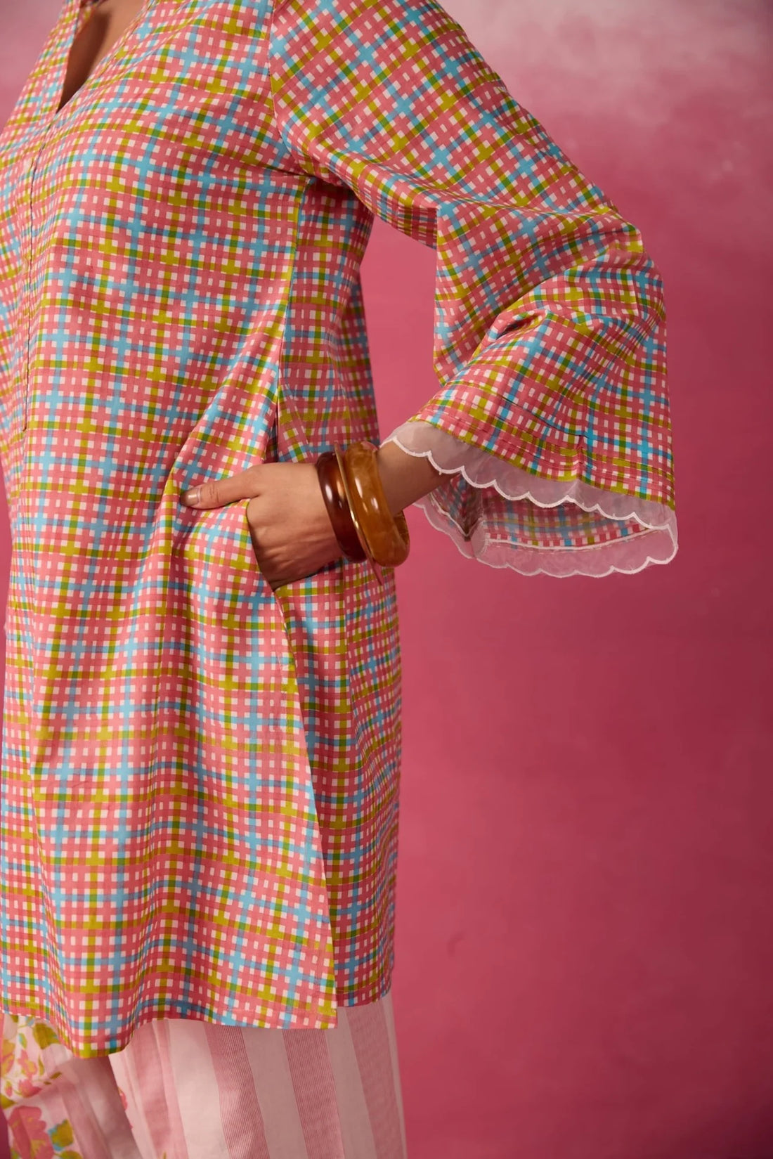PINK CHECKS & FLORAL PRINTED FARSI SALWAR PRINTED CO-ORD SET