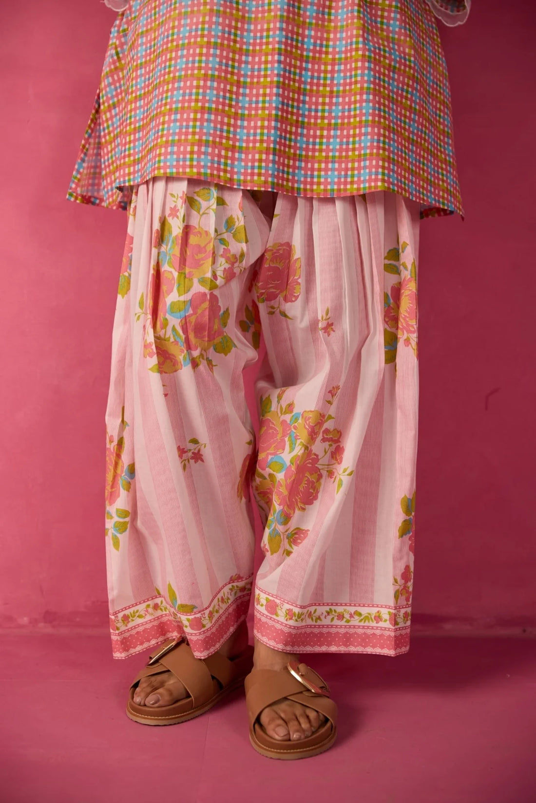 PINK CHECKS & FLORAL PRINTED FARSI SALWAR PRINTED CO-ORD SET