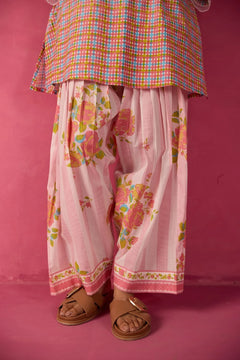 PINK CHECKS & FLORAL PRINTED FARSI SALWAR PRINTED CO-ORD SET