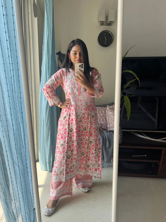 Cotton Printed Chikankari Set in Pink 800