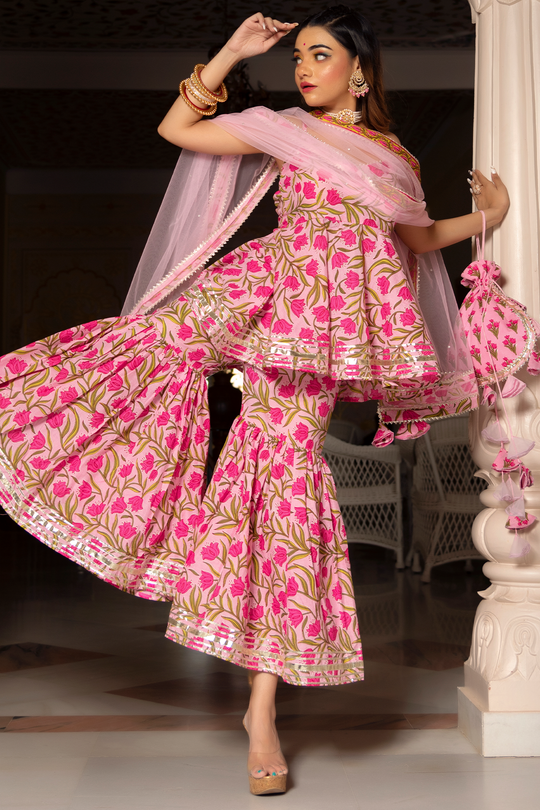 Pink Cotton Hand Block Sharara Set With Net Dupatta