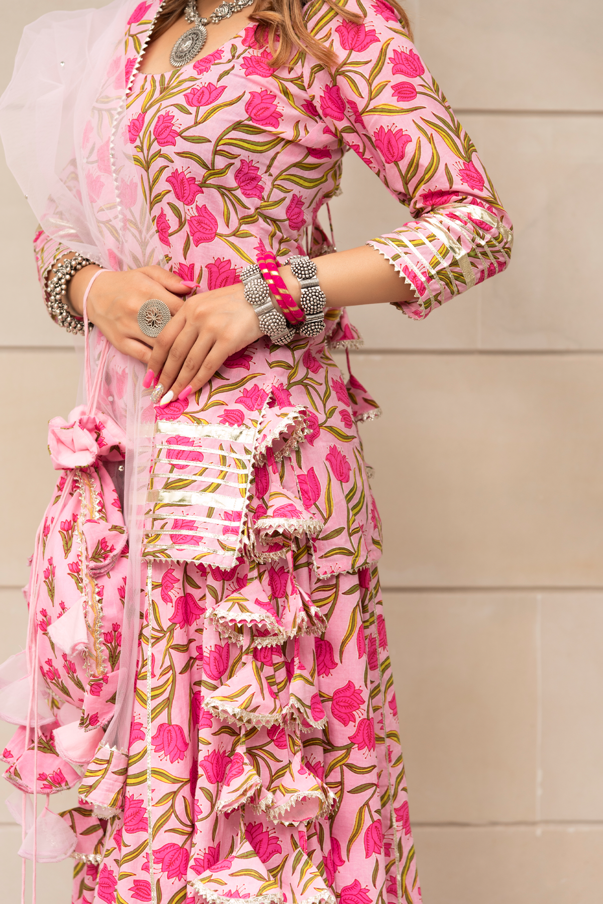 pink printed cotton kurta with skirt