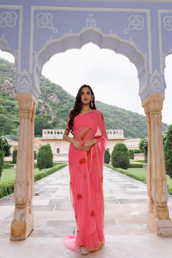 Pink Hand Painted Floral Chiffon Saree