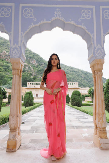 Pink Hand Painted Floral Chiffon Saree