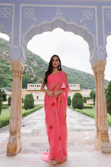 Pink Hand Painted Floral Chiffon Saree