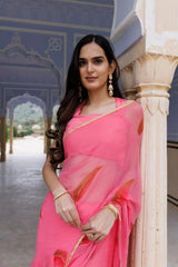 Pink Hand Painted Floral Chiffon Saree