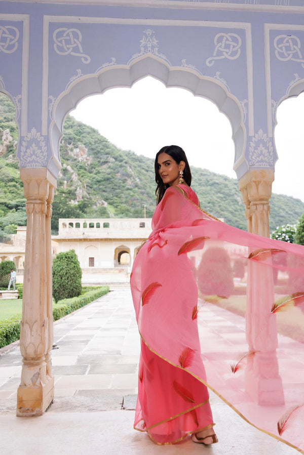 Pink Hand Painted Floral Chiffon Saree