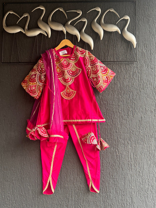 Embroidered Pink Kurti Set with Dhoti & Dupatta