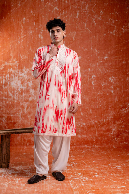 Pink Linen Tie-Dye Men's Kurta with Neck Embroidery 600
