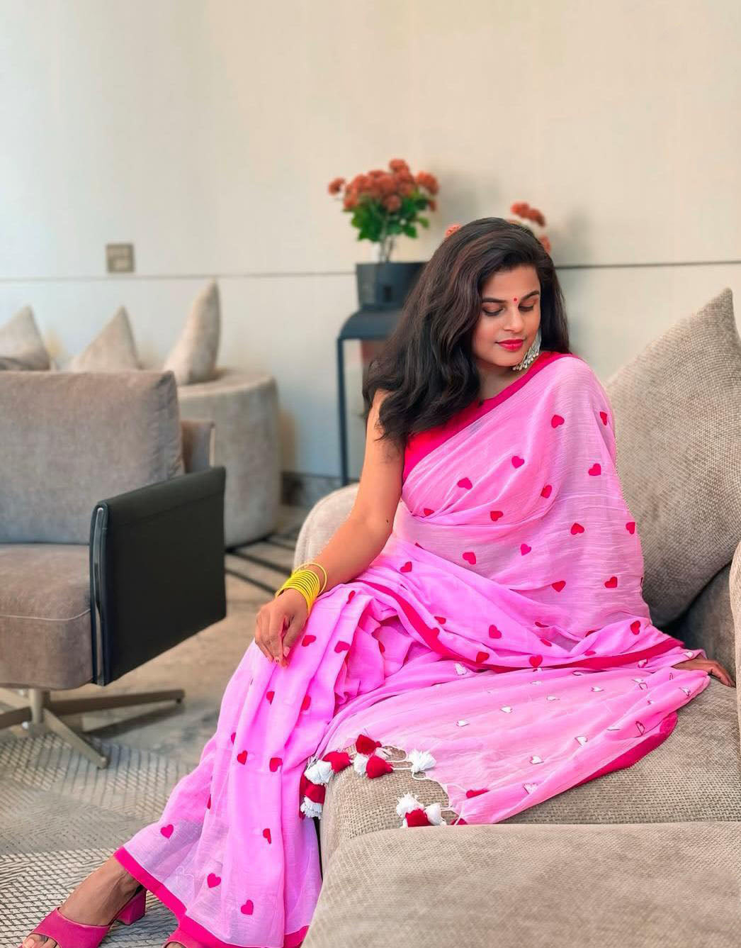 Pink cotton saree for women