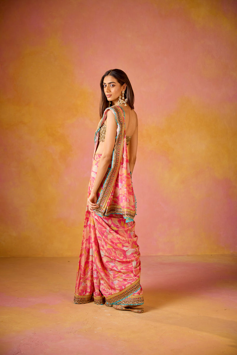 Pink Muslin Saree With Gold Embroidered Blouse