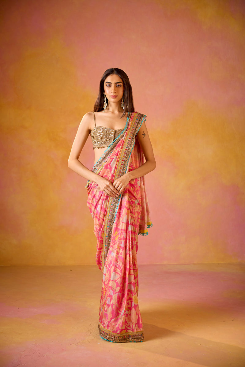 Pink Muslin Saree With Gold Embroidered Blouse