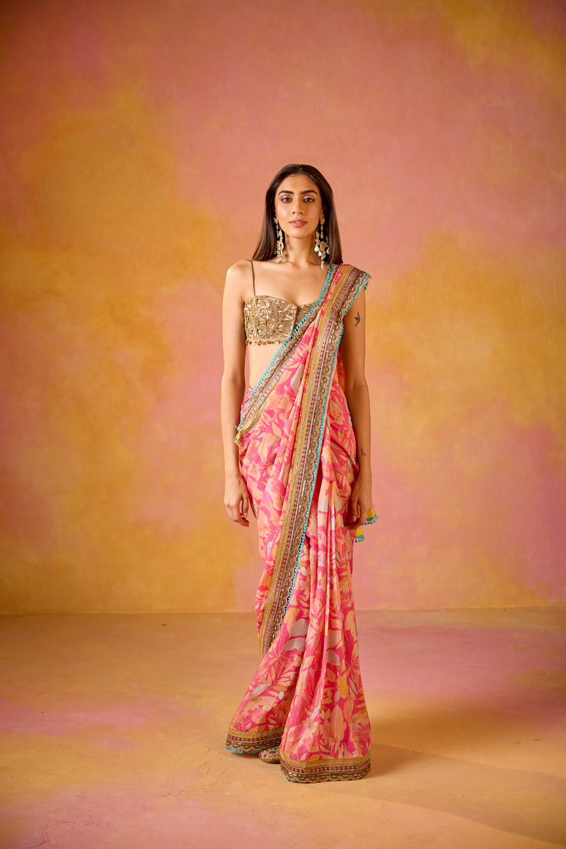 Pink Muslin Saree With Gold Embroidered Blouse
