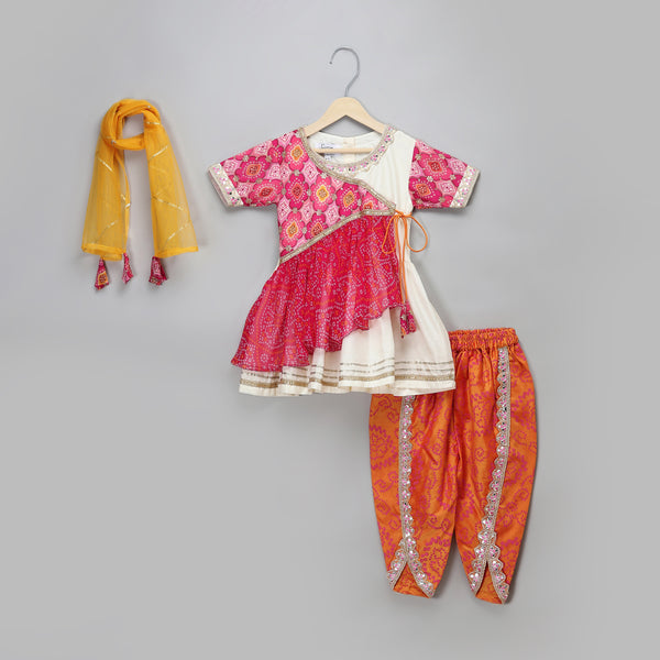 Pink Orange Bandhej Kurta Dhoti Set
