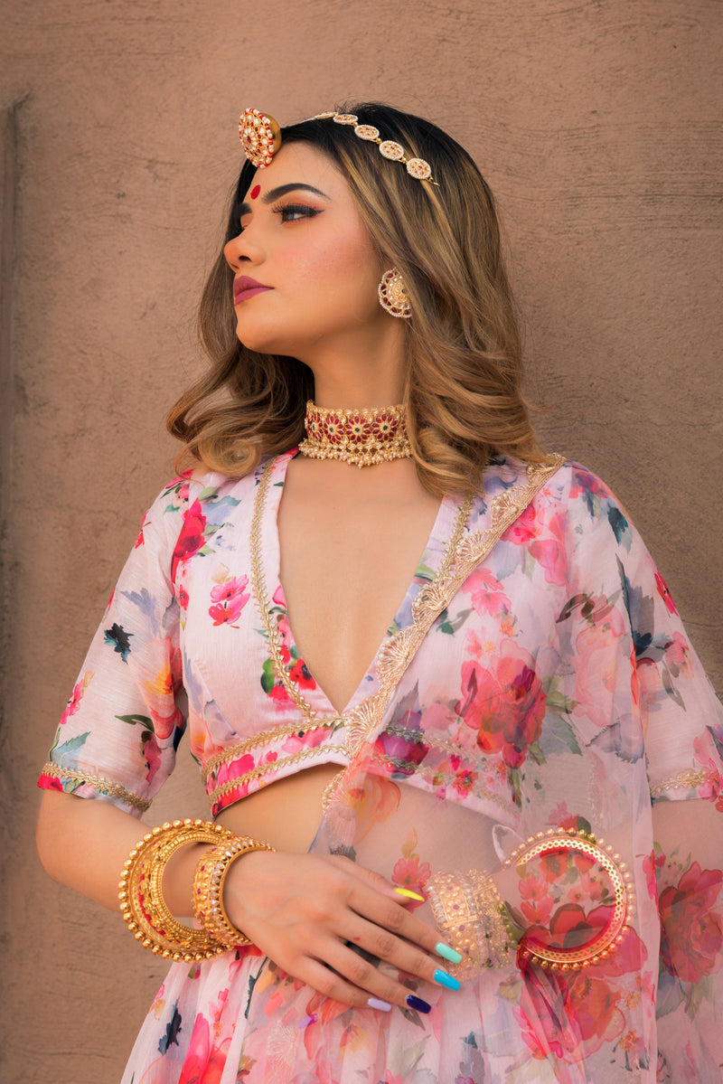 Pink Peony Modal Lehenga With Organza Dupatta