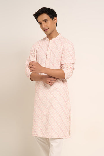 Pink Printed Cotton Casual Kurta for Men