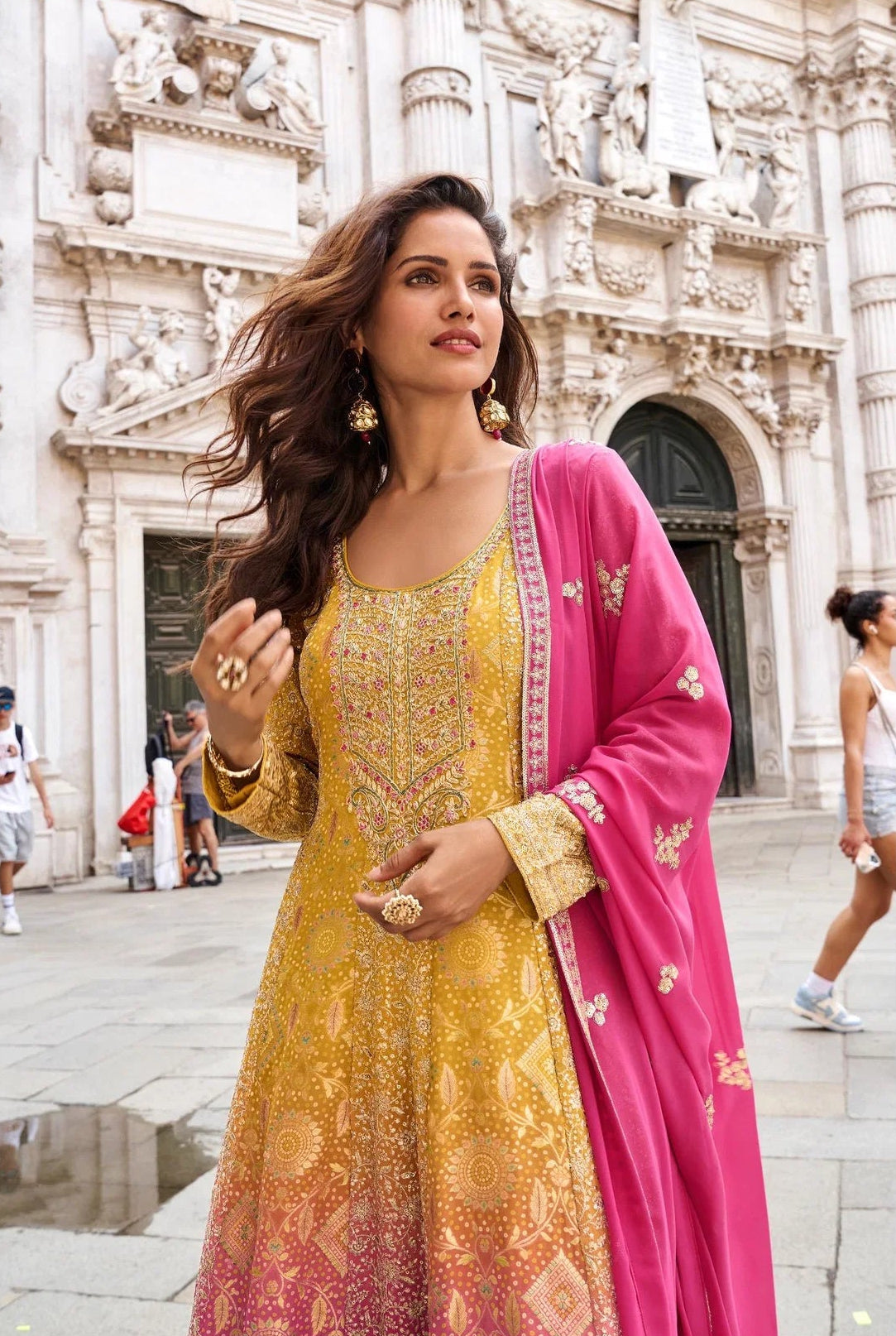 Mustard Yellow Viscose Silk Embroidered Kurta Set with Bottom & Teal Dupatta