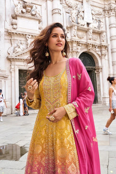 Mustard Yellow Viscose Silk Embroidered Kurta Set with Bottom & Teal Dupatta
