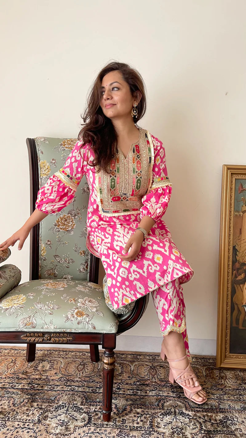 Pink Ikat Yoke Kurta Set – By Reet Lifestyle