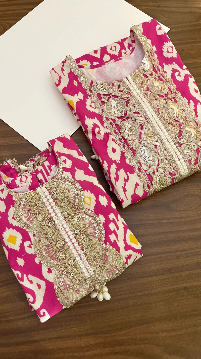 Pink Ikat Girl’s Kurta Pyjama set – By Reet Lifestyle
