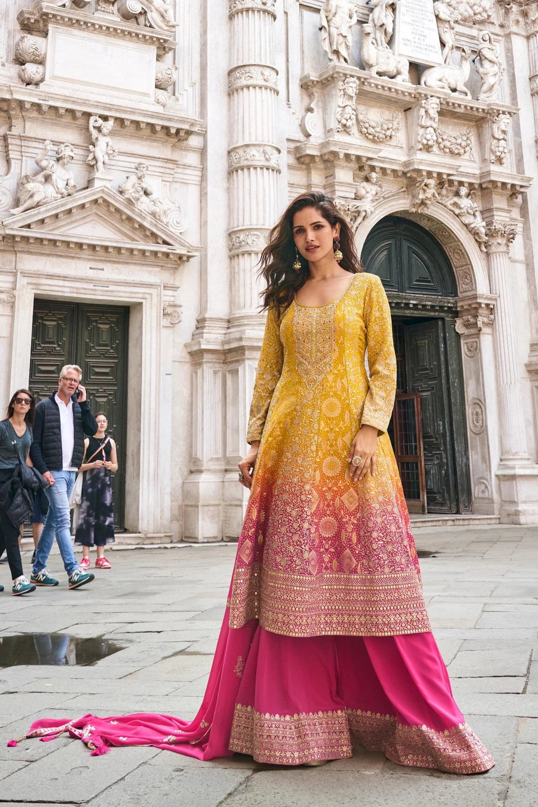 Mustard Yellow Viscose Silk Embroidered Kurta Set with Bottom & Teal Dupatta