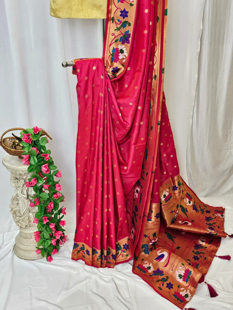 Rajhans Rani Pink Soft Silk Paithani Saree with Copper Zari Lotus Pallu