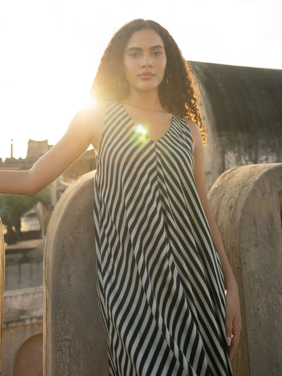 black and white monochrome twill maxi dress