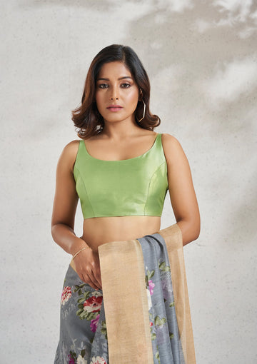 Green Silk Sleeveless Readymade Padded Blouse