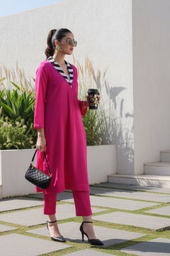 Hot Pink Straight Kurti Pant Set with Contrast Collar