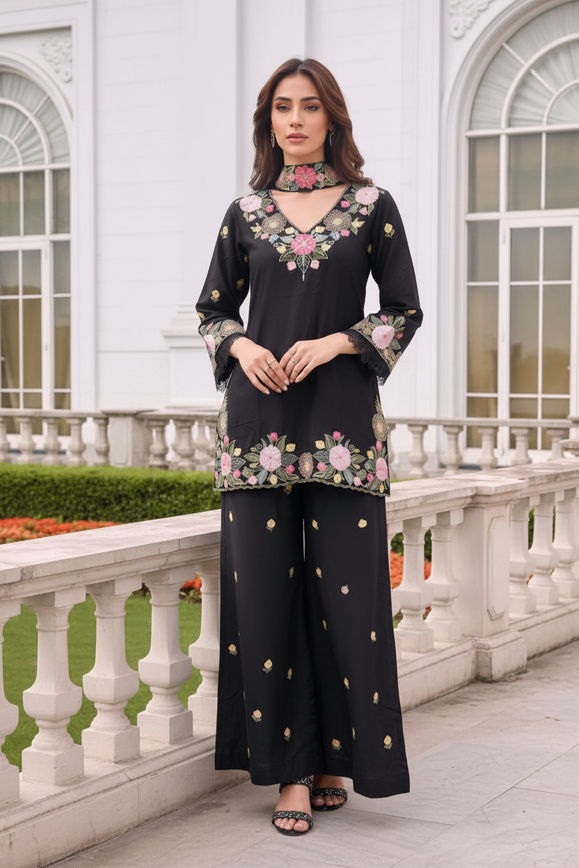 Moodnight Bloom Embroidered Palazzo Cord Set