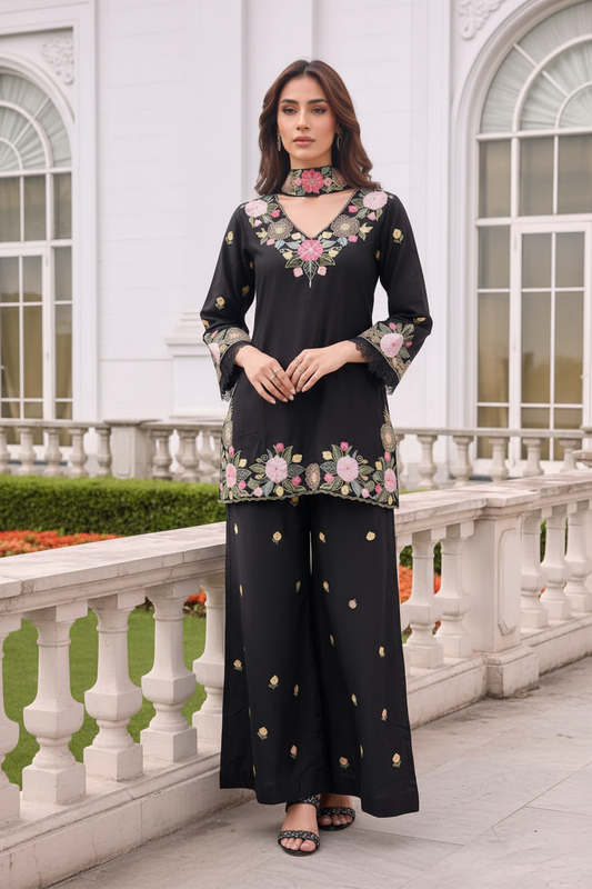 Moodnight Bloom Embroidered Palazzo Cord Set