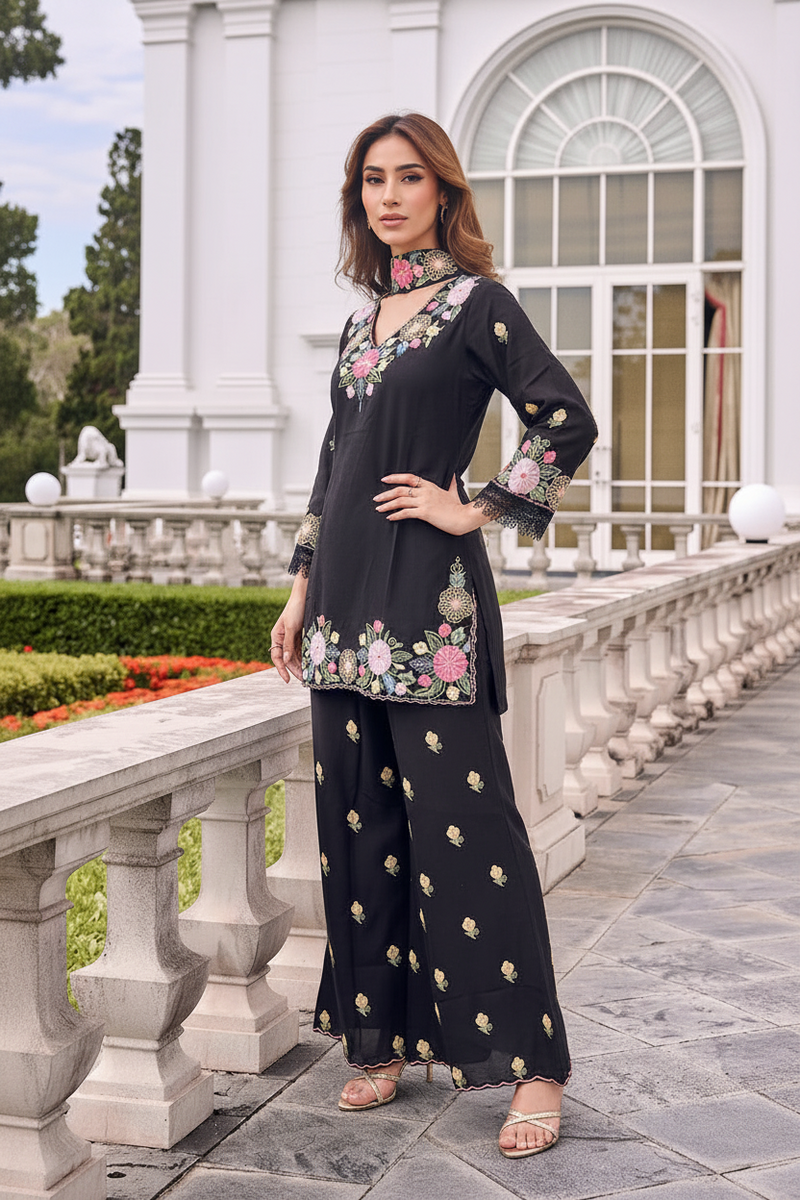 Moodnight Bloom Embroidered Palazzo Cord Set