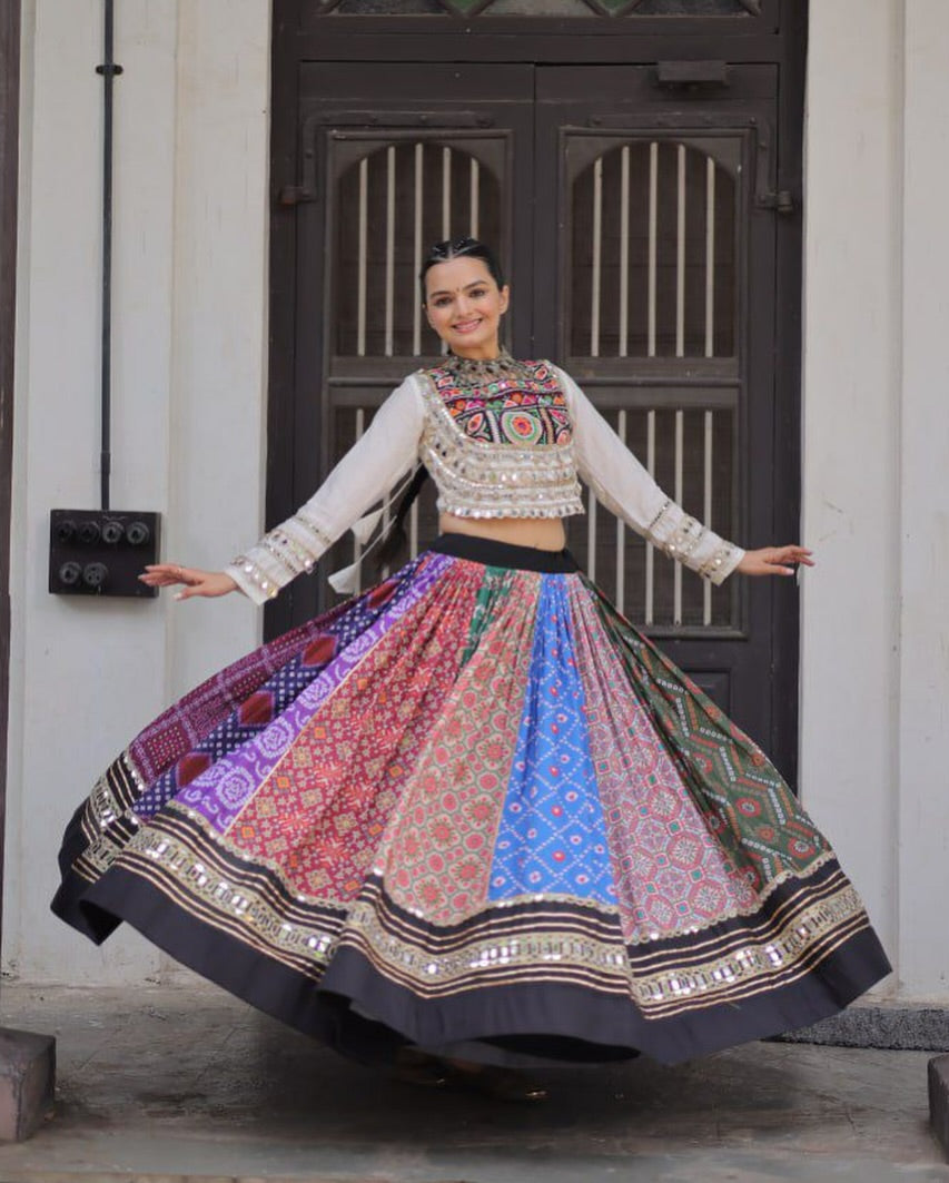 Multicolor Patchwork Navratri Lehenga Set with Mirror Work Border