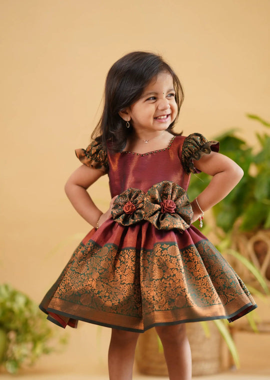 maroon green silk frock