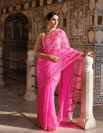 Pink Hand Embroidered Gota Patti Pure Kota Silk Mothra Saree