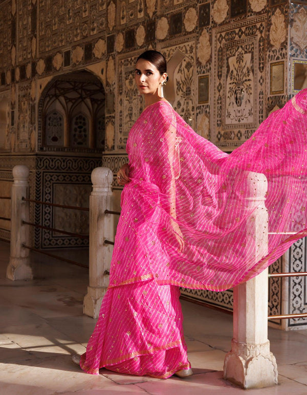 Pink Hand Embroidered Gota Patti Pure Kota Silk Mothra Saree