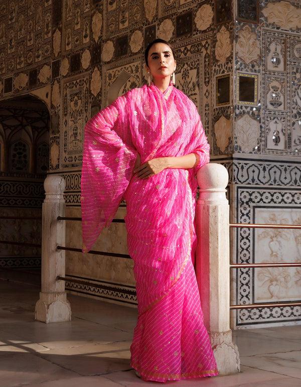 Pink Hand Embroidered Gota Patti Pure Kota Silk Mothra Saree