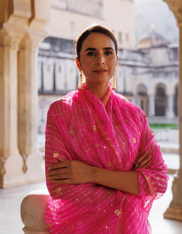 Pink Hand Embroidered Gota Patti Pure Kota Silk Mothra Saree