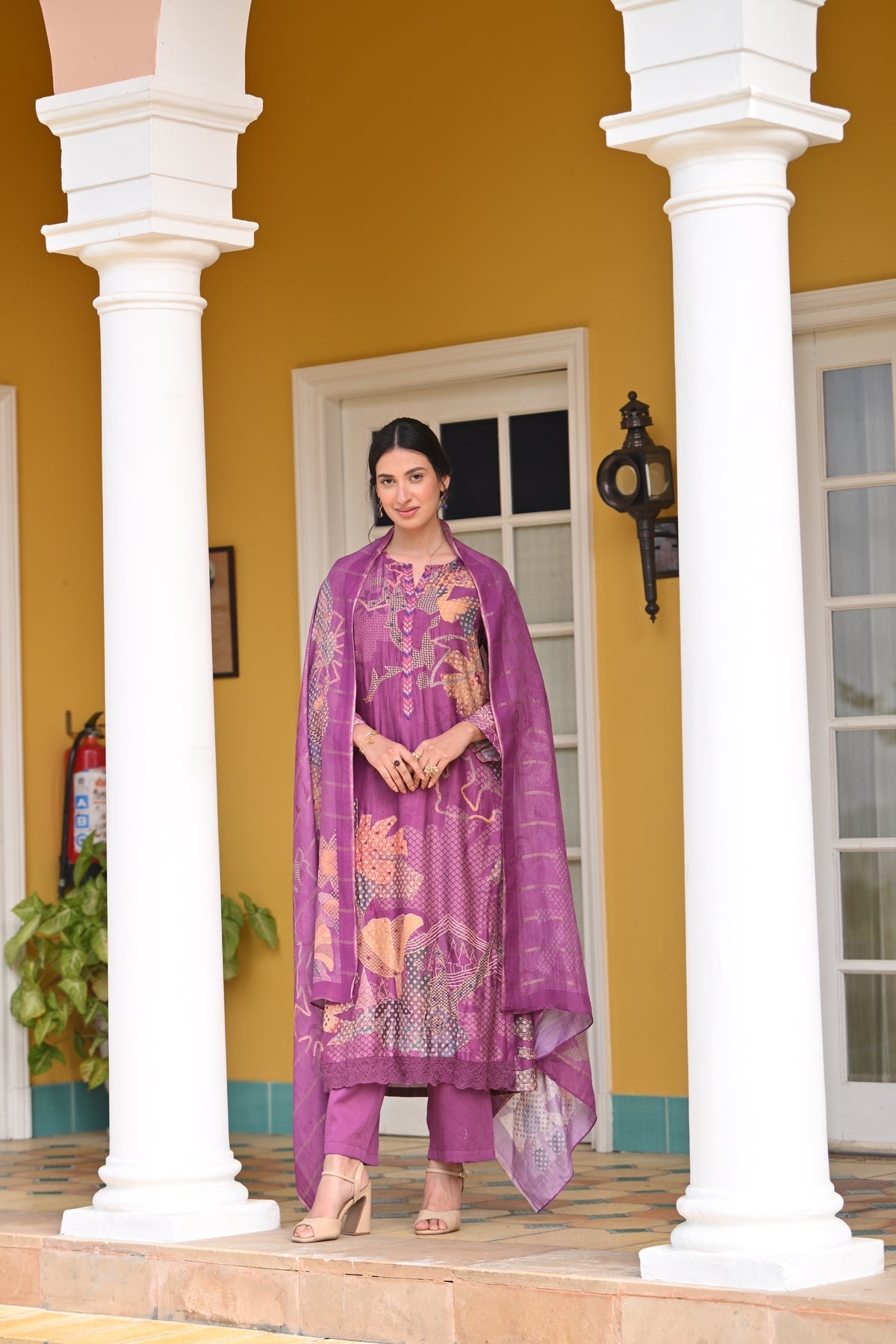 Purple Bandhani muslin suit with pearl work