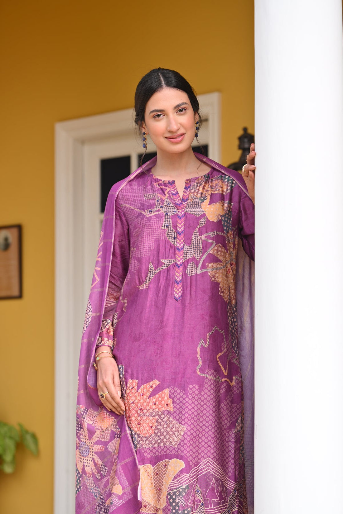 Purple ethnic suit set with cotton silk pants
