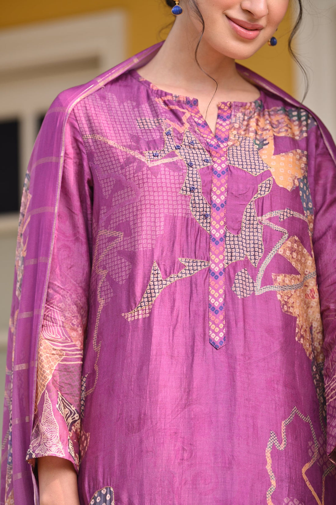 Yellow pearl embroidered Bandhani suit