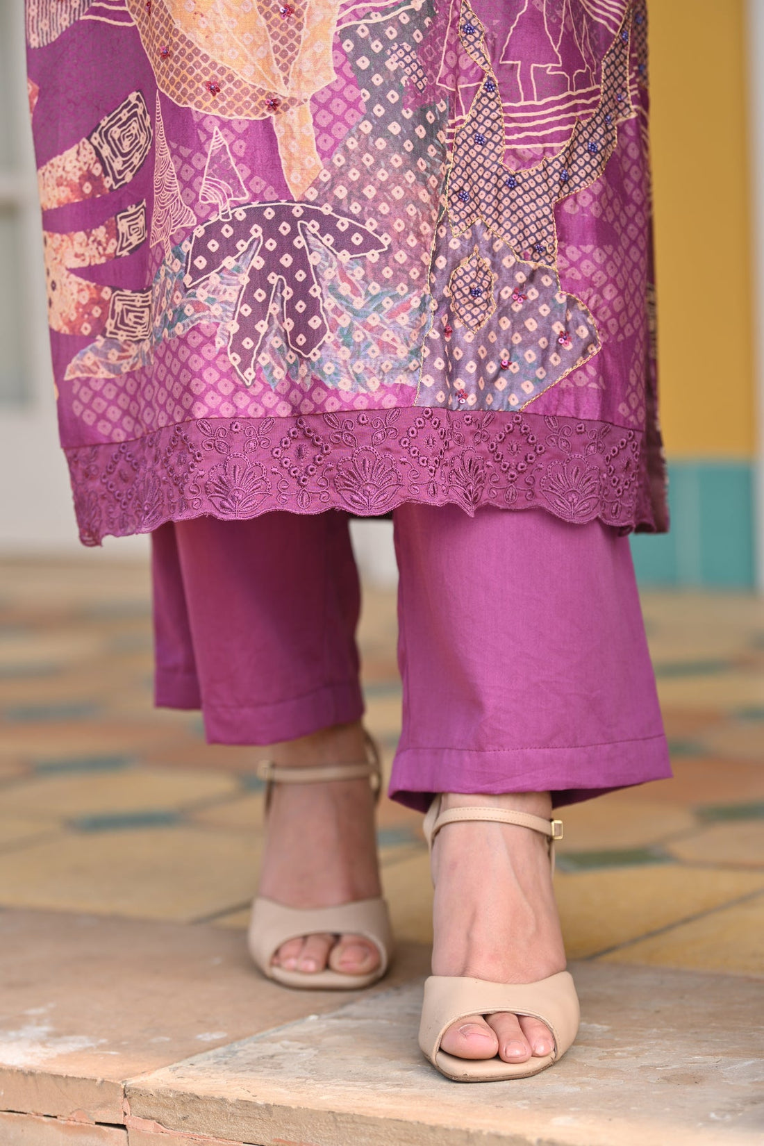 Traditional purple Bandhani muslin outfit