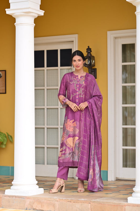 Purple Bandhani Fagun Pure Muslin Suit Set 1200