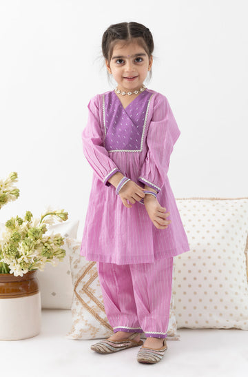 Purple Girls Cotton Kurta Set