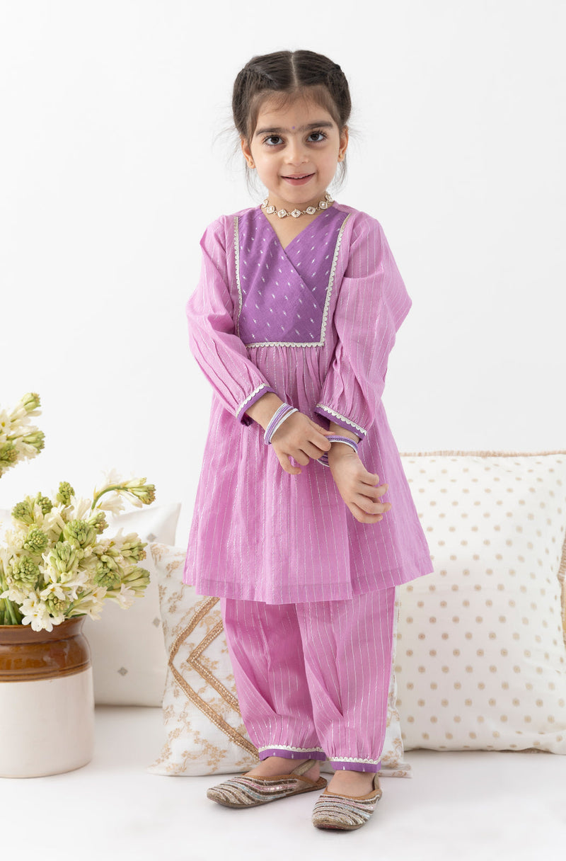 Purple Girls Cotton Kurta Set